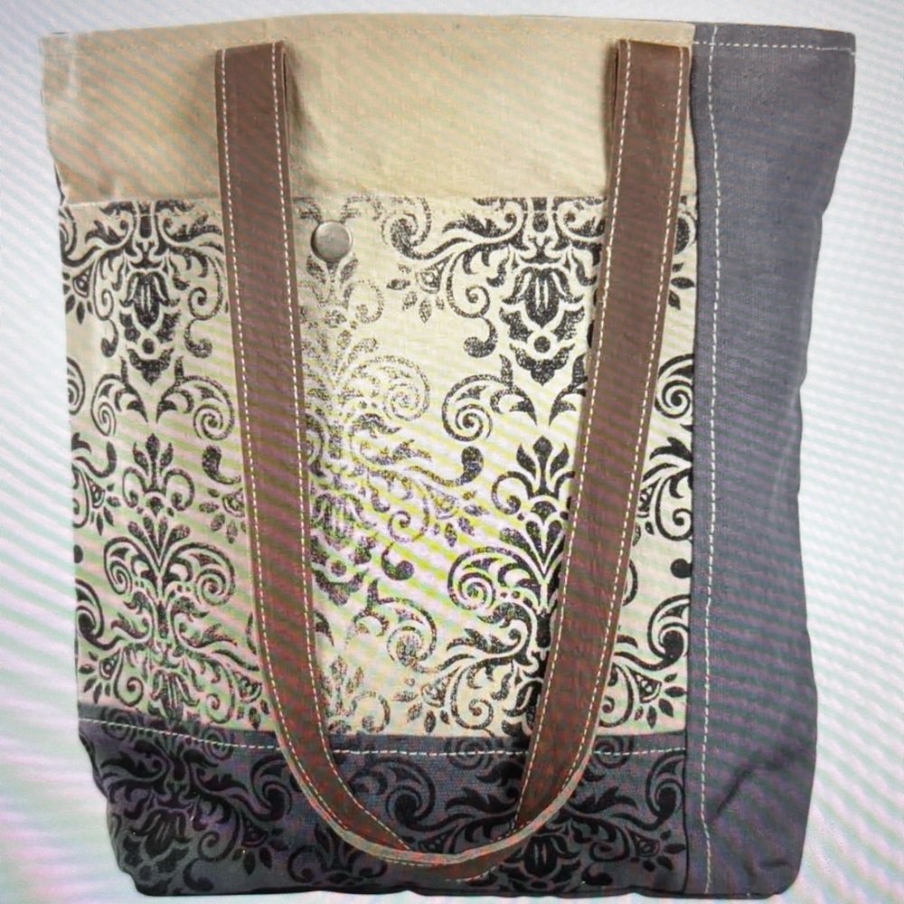 Gray and Tan Vintage Floral Tote Bag